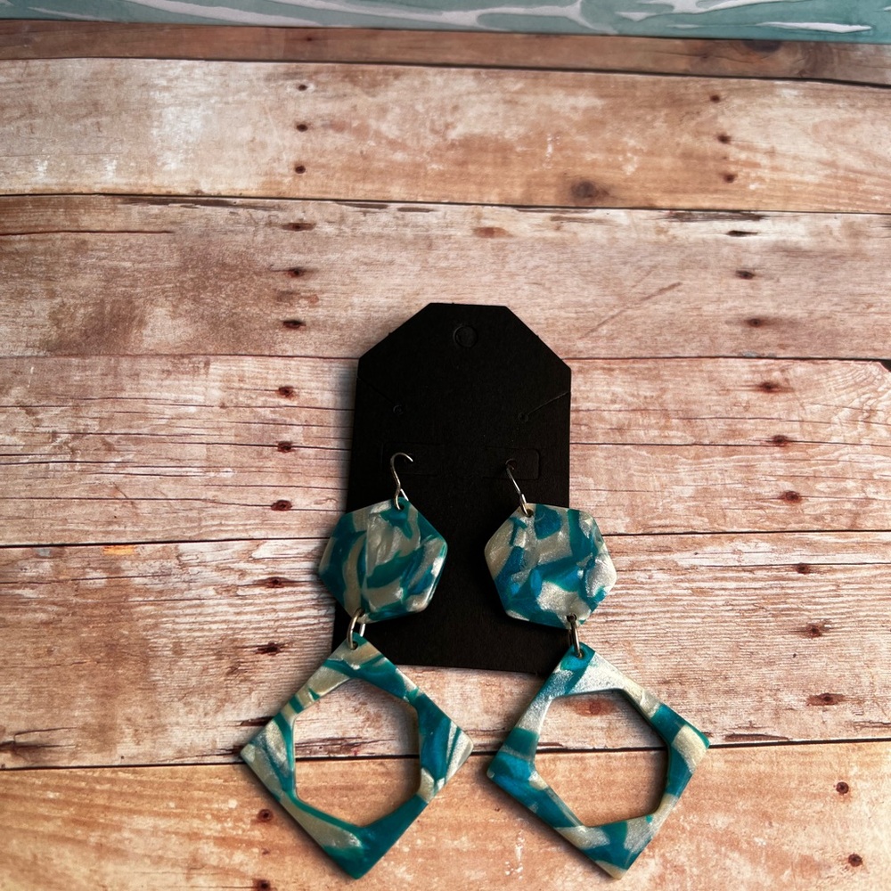 Blue and Cream Geometric Earrings